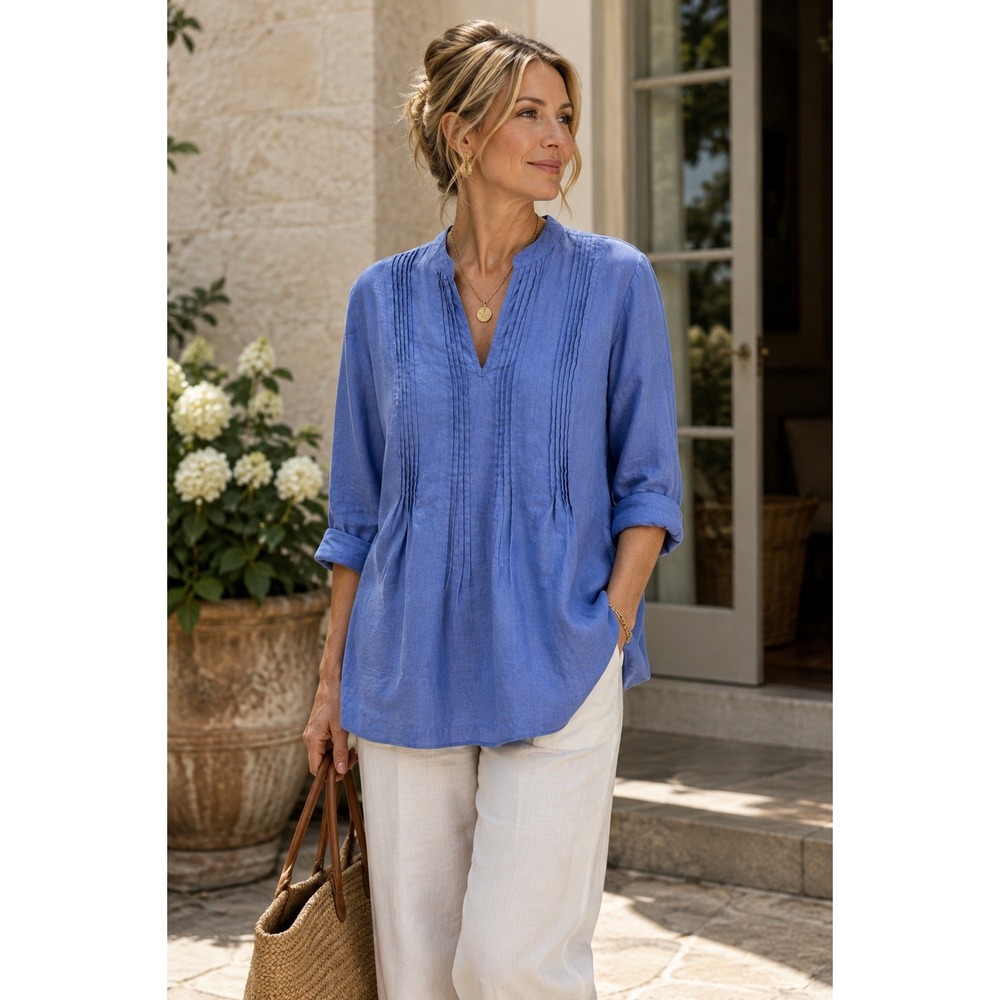 Grace Elements Woman Blue 100% Linen Pintuck Pleated V-Neck Tunic Top 0X